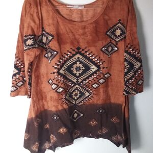 Bohemian Brown Geometric Print Top Aztec Tribal Southwestern